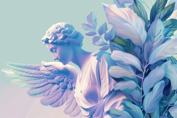 Canvas Print - A serene angel statue surrounded by lush green leaves. Ideal for spiritual or nature-themed designs