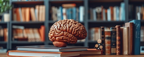 Human brain model on a desk surrounded by books and notes, focus on neuroscience and cognitive studies