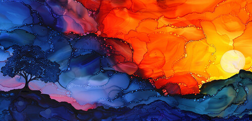 Sunset orange and midnight blue modern abstract painting with alcohol ink and oil paint textures.