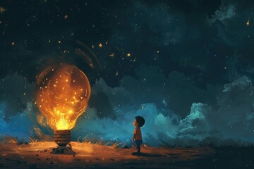 Wall Mural - a young boy standing in front of a glowing light bulb, suitable for educational and creative concept