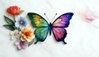 marble background with flower designs and butterfly silhouette, wall decoration in Rainbow tones
