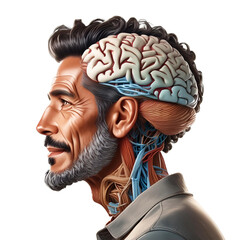 3d character male head showing brain.·D, isolated, transparent background