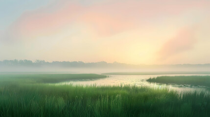 Wall Mural - A serene lowland meadow at sunrise, with dew on the grass and a mist hovering just above the ground, under a pastel sky