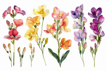 Wall Mural - Watercolor freesia clipart with fragrant blooms in various colors 