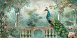 Vintage wallpaper of a Parisian Chinoiserie Garden with a peacock, flowers and birds in pastel green tones, a white marble fence, arches, a garden, rococo, Asian art, a romantic scenery,  watercolor