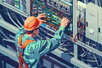 Poster - A man in a hard hat working on a machine. Suitable for industrial concepts