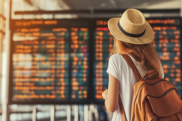 Woman viewing airport flight information