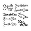 Lettering Save the Date Set. Curly Copperplate font vector. Calligraphy script. Vintage Handwritten classic elegant typeface. Wedding day. Love couple. Brushpen and monoline.