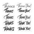 Thank You Lettering Set. Brushpen Grunge Copperplate. Thanks Italic Oblique font vector. Calligraphy script. Expressive Fancy slanted Handwritten typeface. Thanksgiving day.
