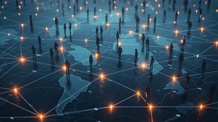 A group of people are connected to each other in a network. The people are represented by small silhouettes and the network is shown as a map. Scene is one of connectivity and interdependence