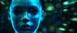 The face of artificial intelligence, A woman's face is lit up with blue lights, giving it a futuristic.
