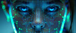 The face of artificial intelligence, A woman's face is lit up with blue lights, giving it a futuristic.
