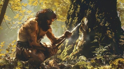 caveman carving a tree with his basic prehistoric day weapon in high resolution and high quality