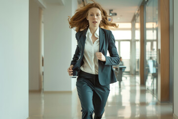 Woman in a business suit runs. Business woman late for the office