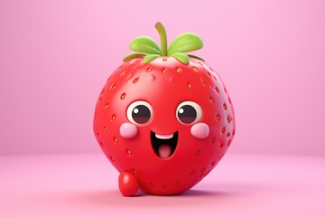 Wall Mural - Funny cartoon strawberry character isolated on pink background. 3d illustration