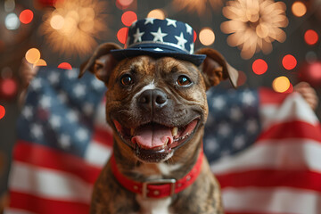 Wall Mural - Funny patriotic dog in hat with American flag and fireworks on background, 4 July Independence Day celebration.