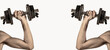© Yevhen - Thin man in sports with dumbbells. Weak man lift a weight, dumbbells, biceps, muscle, fitness. Nerd maleraising a dumbbell. Man holding dumbbell in hand