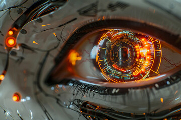 Wall Mural - Zoomed-in image of a robotic eye with advanced sensors, mimicking human-like features 