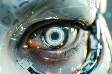 Wall Mural - Zoomed-in image of a robotic eye with advanced sensors, mimicking human-like features 