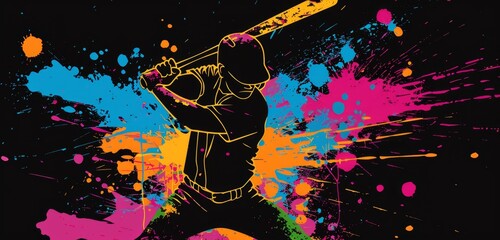 Black background with silhouette of a baseball player holding a bat, hitting a ball and splattered colorful paint in the style of street art graffiti Generative AI
