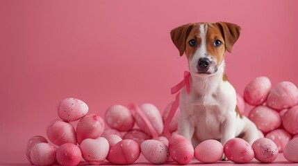 Wall Mural - A dog is sitting in front of a pink background with a bunch of pink eggs