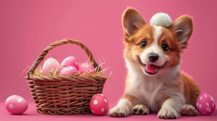 Wall Mural - A cartoon dog wearing a pink flower headband is sitting on a pink background