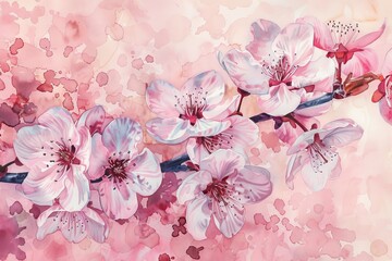 Wall Mural - Botanical watercolor print of delicate cherry blossoms in full bloom