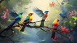 © Moon - A flock of colorful birds taking flight from a tree branch, painting the sky with their vibrant wings in the jungle.