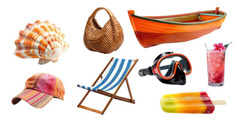 Various beach items as elements for summer holiday vacation including boat, snorkel, ice cream, beach chair and other isolated on background.