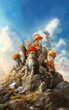 a group of cats wearing construction helmets and vests, posing heroically on a rocky outcrop