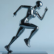 Y2K futuristic chrome woman running isolated. Melty gloss silver metal mannequin
