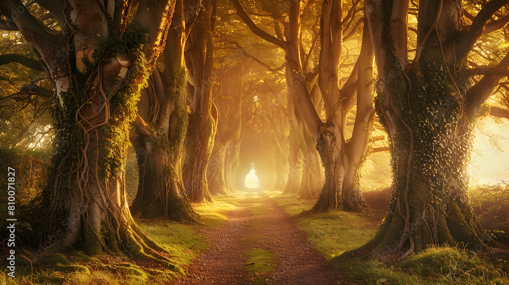 An ancient woodland path lined with towering old trees, their trunks ...