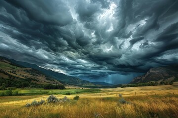 Poster - Dramatic storm clouds over a peaceful valley