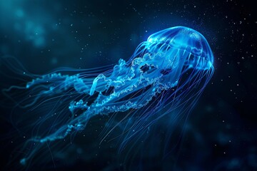 Wall Mural - Bioluminescent blue jellyfish in the deep dark ocean waters. 
