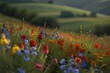  A field of vibrant wildflowers swaying gently in the breeze against a backdrop of rolling hills 