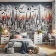 © Best top images - A wallpaper mural of a city skyline in a teenager's bedroom for