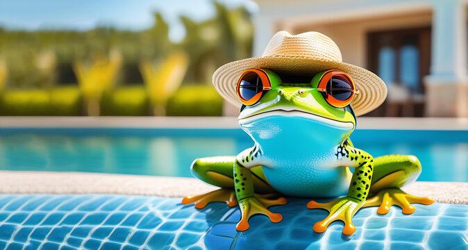 Banner frog tourist sunbathing by the pool in a straw hat and sunglasses 