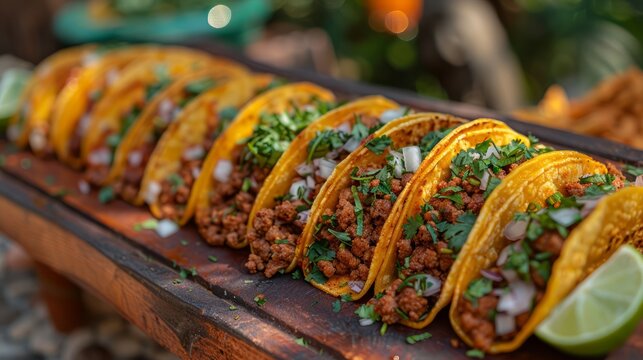 A large tray of tacos with onions and lime on top. The tacos are piled high and are ready to be eaten