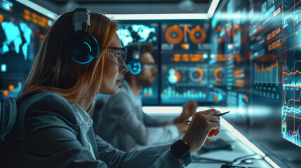 Fototapete - A group of business strategists in a virtual workshop, interactive digital board displaying data analytics, focused expressions of analysis and strategy planning. office background. Generative AI.