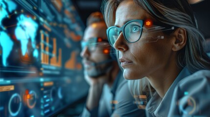 Fototapete - A group of business strategists in a virtual workshop, interactive digital board displaying data analytics, focused expressions of analysis and strategy planning. office background. Generative AI.