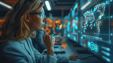 Fototapete - A group of business strategists in a virtual workshop, interactive digital board displaying data analytics, focused expressions of analysis and strategy planning. office background. Generative AI.