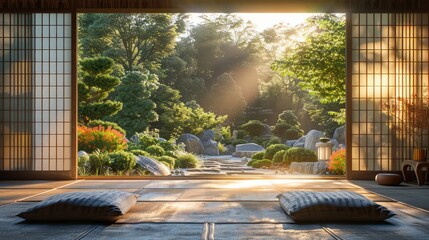 Wall Mural - A serene garden with a wooden gate and a large open door. The garden is filled with trees and bushes, and there are two pillows on the ground. Scene is peaceful and relaxing