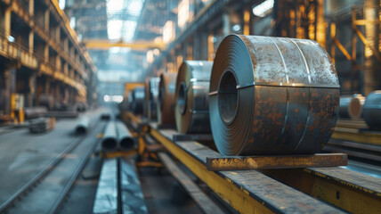 Wall Mural - Steel coils on production line in factory.