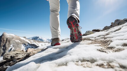 Wall Mural - Footsteps of climbers wearing shoes walking over a rocky mountain landscape and a beautiful sunset view in the background. seen from behind