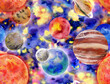 watercolor seamless pattern with colorful stars and blue sky. Background for creating illustrations of a starry realistic outer space