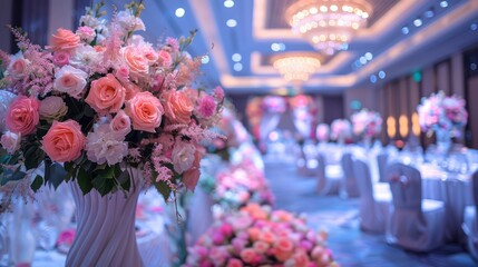 Wall Mural - A large room with a white table and chairs, and a large vase of pink flowers on it