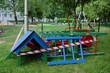 Dismantled parts of playgrounds in a residential estate.