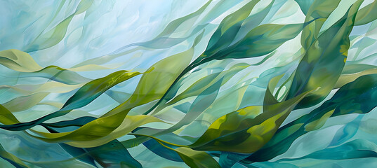 Wall Mural - Close-up of kelp leaves gently swaying in the ocean current, highlighting their intricate texture and vibrant green color against a soft, blue background