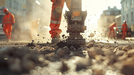 Road construction with workers and jackhammer.