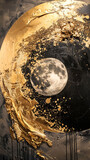 Fototapeta  - Golden and black paint strokes and moon, abstract mobile wallpaper